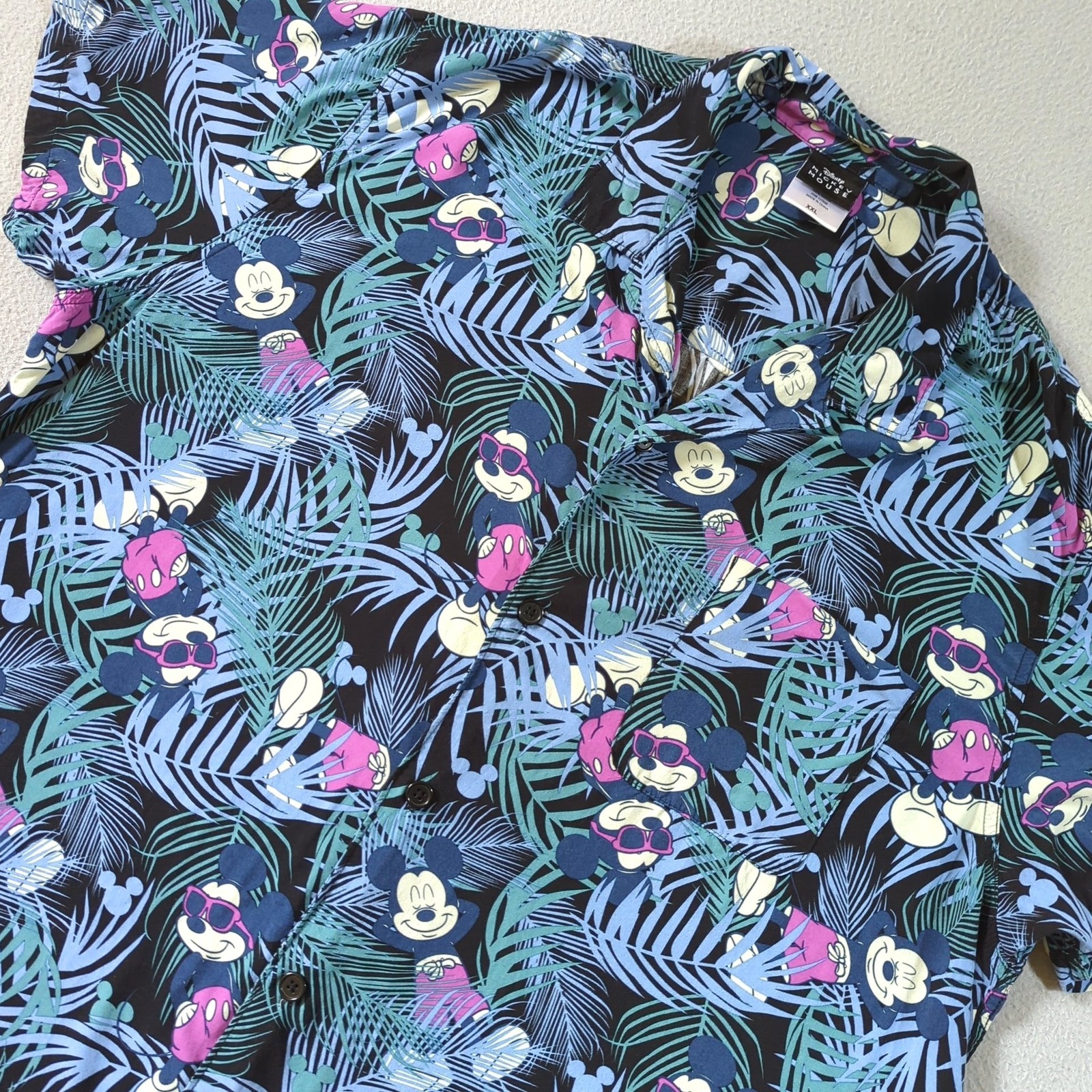 Disney Mickey Mouse Button Down Shirt Mens Xxl Black Tropical Rayon Hawaiian